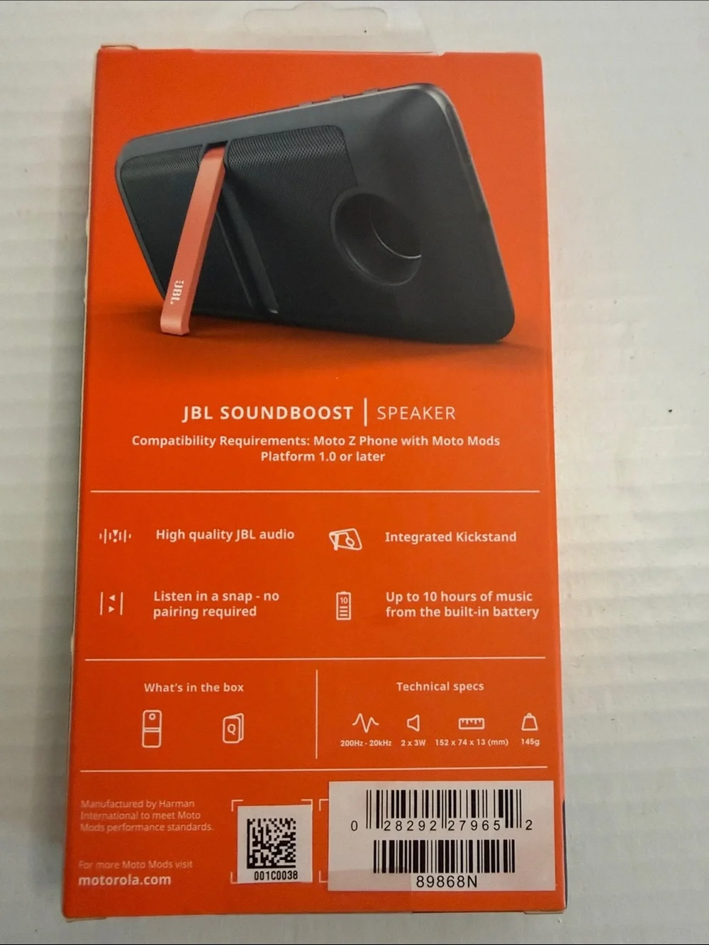 NIB* JBL SoundBoost Moto Mod Speaker Box for Motorola Moto Z Phones